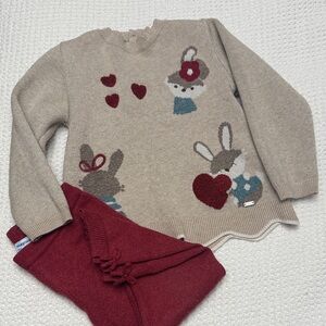 Mayoral Beige Bunny Sweater with Red Pants